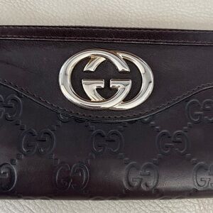 Gucci Dark Brown Embossed Leather GG Continental Zip Wallet with Silver Logo